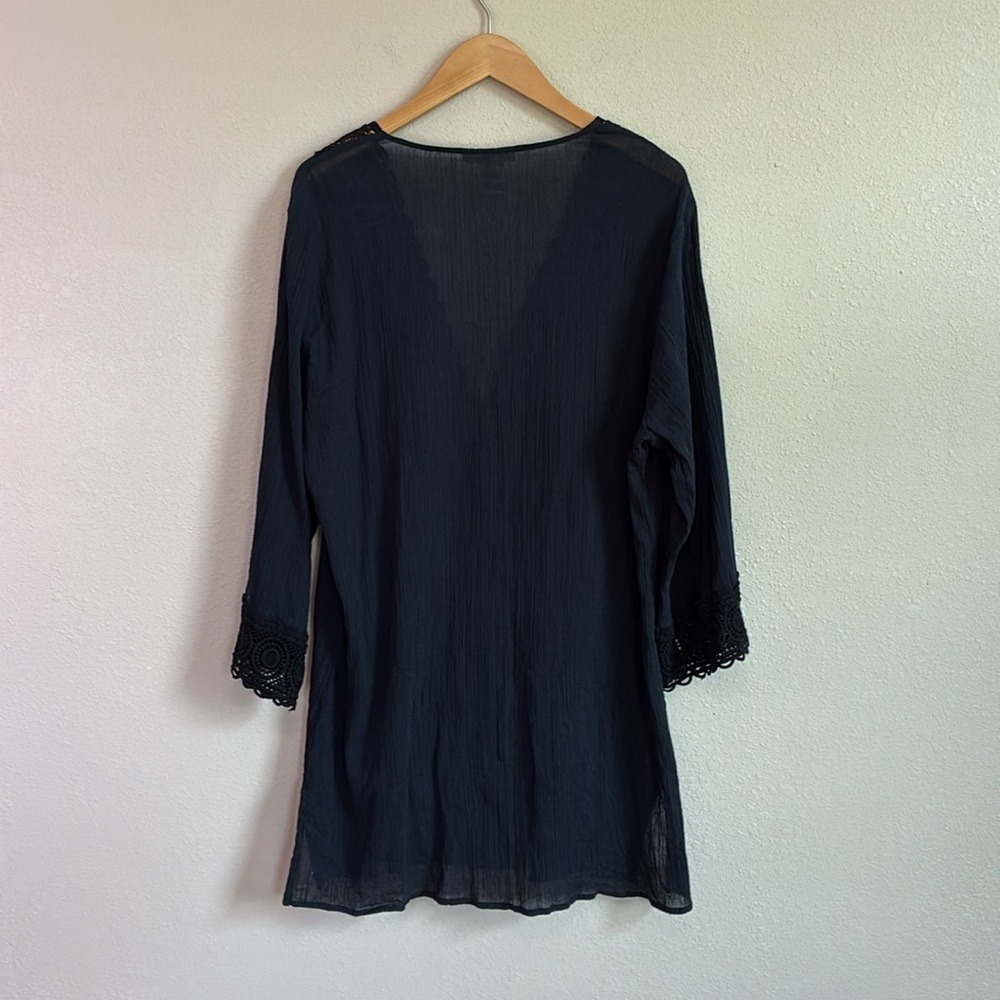 LA BLANCA XL Black Cotton Lace Trim Longline Swim Cover Beach Resort Summer - Picture 7 of 14